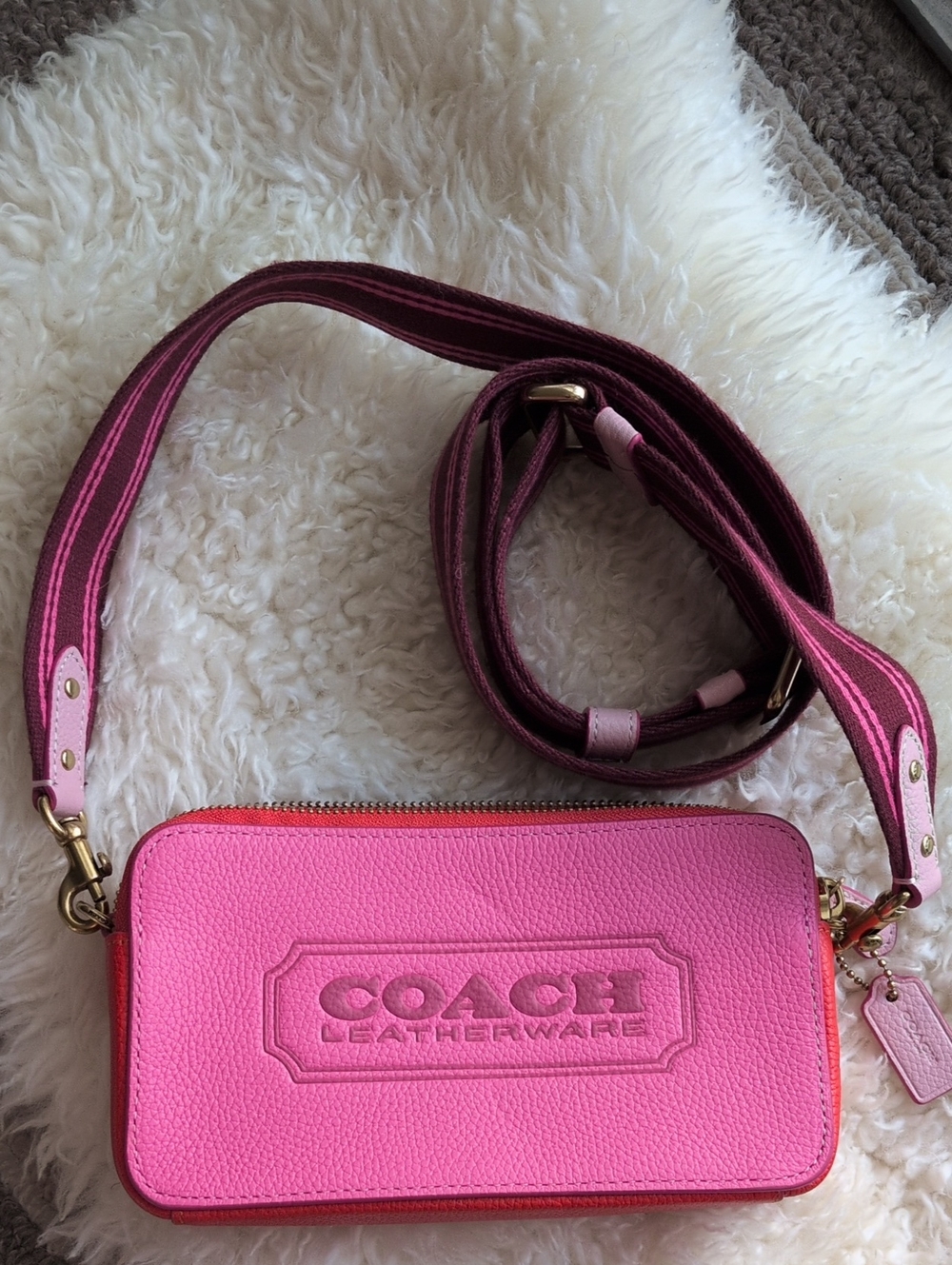 Coach Pink and Coral Leather Crossbody with Striped Strap